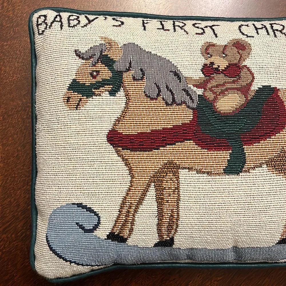 Vintage Baby's First Christmas Tapestry Throw Pillow Bear on Rocking Horse